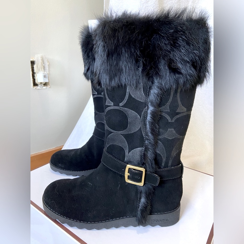 NEW! Coach - Black w/black faux fur boots with a gold buckle.